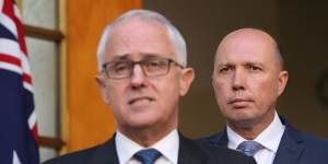 Malcolm Turnbull and Peter Dutton at the announcement of the new mega-department which appears as if it will,effectively,have a monopoly on investigating its own operations. Photo:Andrew Meares