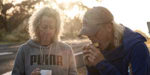 Nedd Brockmann pictured with his mother,Kylie,on the road. 