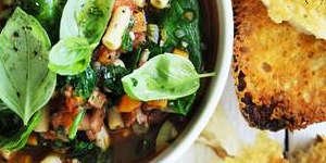 Thick minestrone with parmesan croutons.