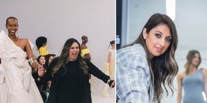 Designer Mariam Seddiq and model Hanan at Australian Fashion week in May;Atoir designer Cynthia Farchione in 2020. 
