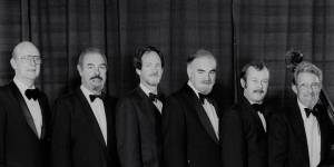 The Bob Barnard Jazz Band,1979. From left:John Costelloe,Bob Barnard,Lawrie Thompson,John McCarthy,Chris Taperell,Wally Wickham.