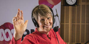 Fran Kelly waves goodbye from the Radio National breakfast desk on Thursday.