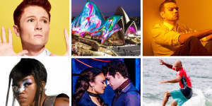 What to see and do in May (clockwise,from top left):Rhys Nicholson,Vivid Sydney,Meyne Wyatt in City of Gold,the Sydney Surf Pro,Moulin Rouge! The Musical and Tkay Maidza.