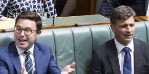 Nationals leader David Littleproud and shadow treasurer Angus Taylor during question time last month.