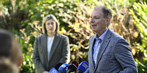 David Southwick addresses the media with leader Jess Wilson last year.