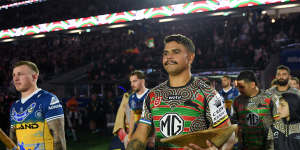 Latrell Mitchell leading Souths onto the field in round 12.