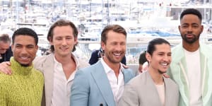 Tom Cruise in ‘Top Gun:Maverick’;The cast of ‘Top Gun:Maverick’ (L to R) Greg Tarzan Davis,Lewis Pullman,Glen Powell,Danny Ramirez,Jay Ellis,Jon Hamm and Miles Teller,give men’s fashion a reboot on the ground at the Cannes press call for the eagerly-awaited sequel.