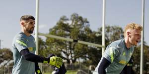 Socceroos captain Maty Ryan and fellow goalkeeper Tom Glover train at the NSWRL headquarters in Olympic Park.