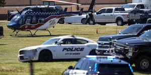 A medical helicopter is seen in front of Apalachee High School after a shooting at the school in Winder,Georgia.