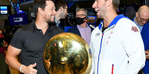 Mark Wahlberg and F45 co-founder Adam Gilchrist at the New York Stock Exchange in July last year.