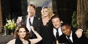 The cast of 30 Rock (from left):Tina Fey,Jack McBrayer,Jane Krakowski,Alec Baldwin and Tracy Morgan. 