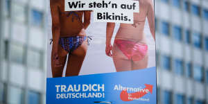 An election campaign poster of the German nationalist anti-migrant party AfD,Alternative for Germany,reading"Burkas? We like bikinis."