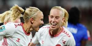Denmark’s Pernille Harder celebrates after scoring against Haiti in Perth on Tuesday.