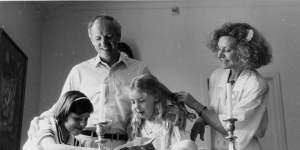 Carla Zampatti with husband John Spender and their children Bianca and Allegra. December 25,1986.