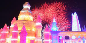 Fireworks at the opening ceremony of the Harbin International Ice and Snow Festival in Harbin,China. 