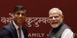 Indian Prime Minister Narendra Modi meets his British counterpart Rishi Sunak at the G20 in New Delhi.