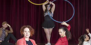 Kerri Glasscock,director of Sydney Fringe Festival,with performers AJ Lamarque and Kiri Pederson (with hula hoops),and flamenco artists Zoe Velez and Chachy Penalver,from Flamenkisimo at Marrickville Town Hall.