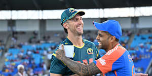 Captains Mitch Marsh of Australia and Suryakumar Yadav of India.