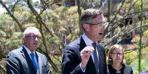 NSW Premier Dominic Perrottet (centre),with Health Minister Brad Hazzard and Chief Health Officer Kerry Chant on Wednesday.