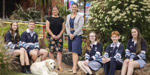 Elisabeth Murdoch College has entered the prestigious VCE “30 club” for the first time this year. Acting principal Jodie Ashby and senior school assistant principal Laura Spence with year 12 students Amie Hughes,Riley Vowels,Shelby Edmonds,Jai Thoday,Amelia Dimech and school dog Sonny.