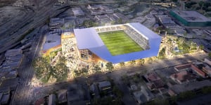 Cox Architects’ concept for a 15,000-seat stadium at Perry Park,commissioned for the Brisbane Strikers’ abandoned bid to join the A-League.
