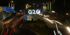 Traffic moves near the main venue of the G20 Summit in New Delhi.