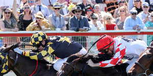 Grand Pierro ridden by Craig Williams (far left) soars to victory in the Geelong Classic.