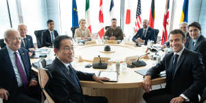 Ukrainian President Zelensky with the G7 leaders in Hiroshima,Japan on Sunday. 
