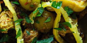 Lamb tagine with preserved artichokes,lemon and green olives
