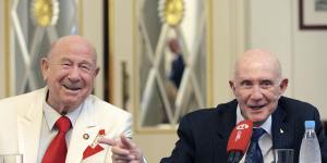 Leonov (left) and Stafford reunite at a media event in Moscow,2010.