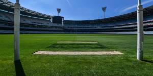 Two strips of grass from the MCG goal square are dug up and will be sent to the Gabba for the grand final.