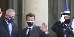 Keeping the French option alive:Prime Minister Scott Morrison with French President Emmanuel Macron before their June 2021 meeting at the Elysee Palace in Paris.