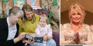 Gilgandra Librarian Liz McCutcheon reading to Margeaux Batten and her 11-month-old daughter Bethany. Inset,Dolly Parton.