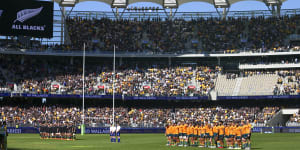 Perth’s Optus Stadium has hosted several Bledisloe Cup tests in recent years and would be in the running to pinch the 2027 Rugby World Cup final.