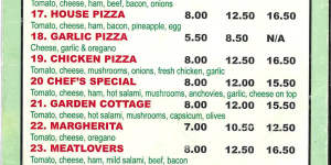 The menu from Tony Mokbel’s pizza parlour.