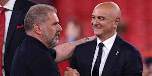 Ange Postecoglou and Spurs chairman Daniel Levy after the Europa League win.