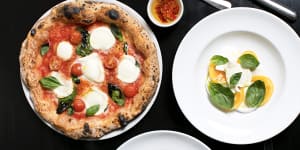 Margherita pizza and burrata caprese salad.