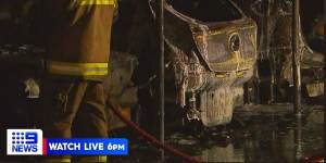 Six vehicles have been damaged by a fire in a Brisbane carport overnight at a Dutton Park unit complex on Wednesday,October 6 2022. Photo:Nine News Queensland