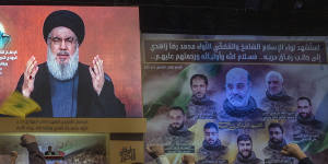 Hezbollah leader Sayyed Hassan Nasrallah speaks in a televised address during a ceremony to commemorate the death of the Iranian Revolutionary Guard General Mohammad Reza Zahedi and six officers,who were killed by an Israeli airstrike in Syria.