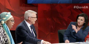 Panellist Yassmin Abdel-Magied,host Tony Jones and Tasmanian senator Jacqui Lambie on Q&A last week.