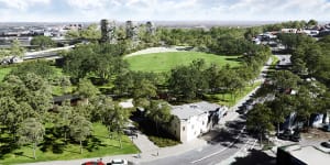 An artist's impression of the nearly 10 hectares of parkland to be created above the site of the underground interchange for WestConnex at Rozelle. 