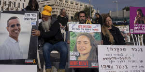 Families and supporters of Israeli hostages held by Hamas in Gaza protest outside Prime Minister Benjamin Netanyahu’s office in Jerusalem on Sunday.