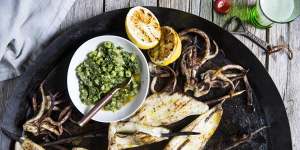 Karen Martini's barbecued calamari with green tomato,herb and chilli salsa.