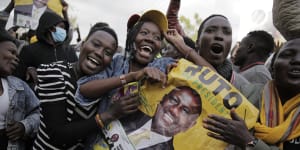 Supporters of William Ruto celebrate his presidential victory over opposition leader Raila Odinga in Eldoret,Kenya,on Monday.