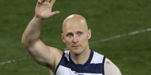 Gary Ablett of the Cats leaves the field for the last time during the AFL grand final match between the Richmond Tigers and Geelong Cats at the Gabba in Brisbane,Saturday,October 24,2020. (Glenn Hunt/The AGE) .