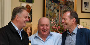 NSW One Nation MP Mark Latham and former prime minister Tony Abbott join broadcaster Alan Jones during his final breakfast show for 2GB from his home at Fitzroy Falls in the Southern Highlands on Friday.