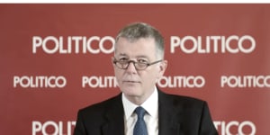 MI6 chief Richard Moore speaking at the British Embassy in Prague,Czech Republic,at an event hosted by Politico.