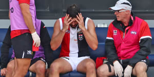 St Kilda's Paddy McCartin after a collision in 2019.