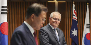 Prime Minister Scott Morrison meets with President of South Korea Moon Jae-in on Monday.