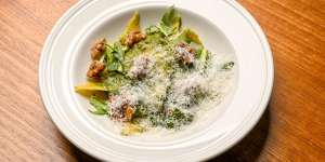 Panzotti pasta with silverbeet,ricotta and walnut pesto.